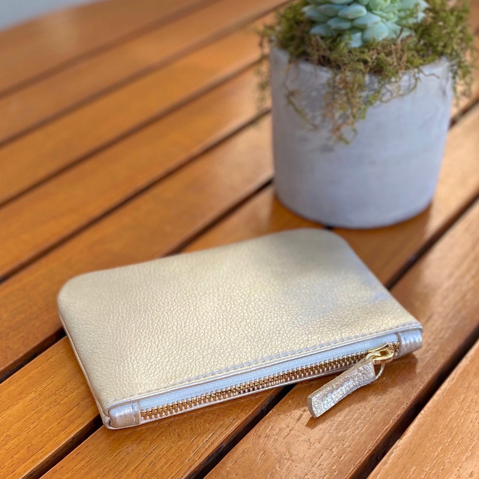 Crissy - Leather zipper pouch in champagne metallic leather.  Made in USA by jana kay 