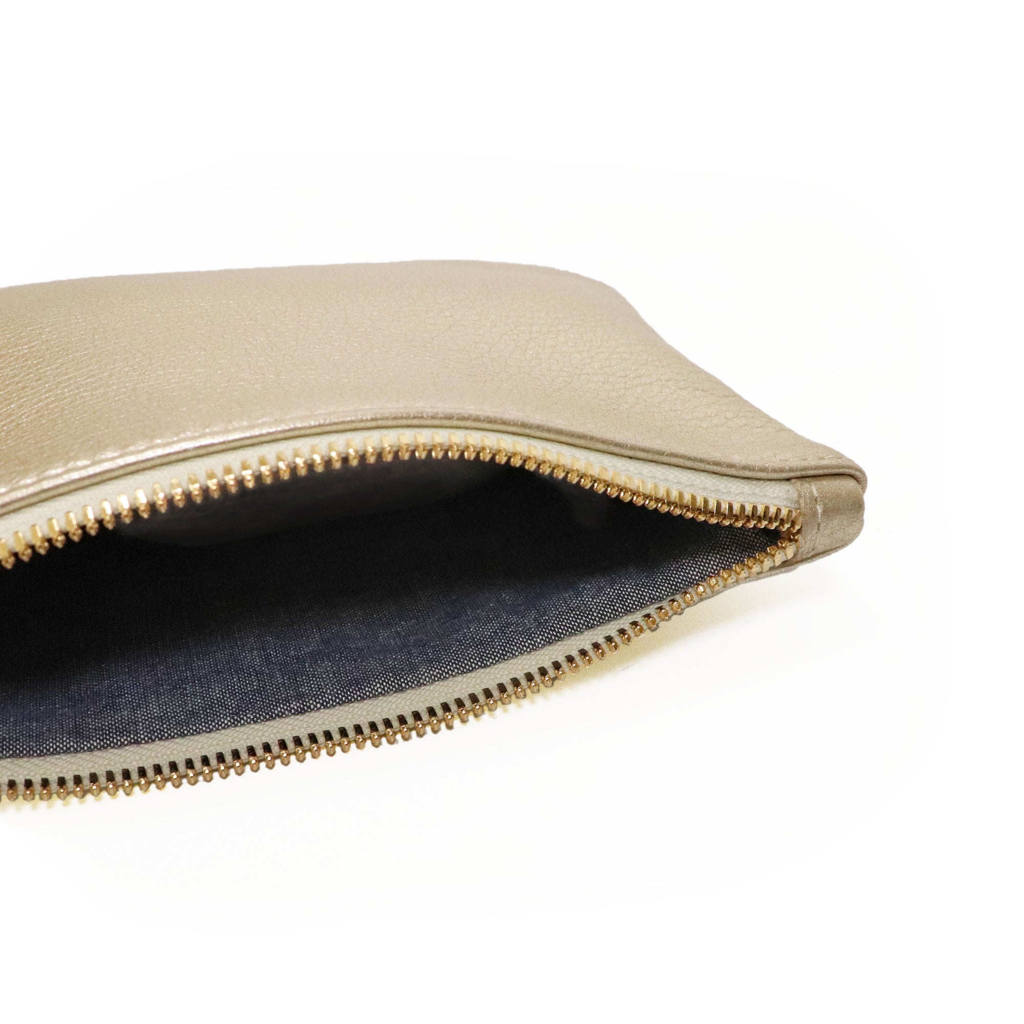 Carmel - Leather zipper clutch in champagne metallic leather.  Made in USA by jana kay 