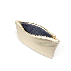 Sonoma  - Leather zipper clutch in champagne metallic leather.  Made in USA by jana kay 